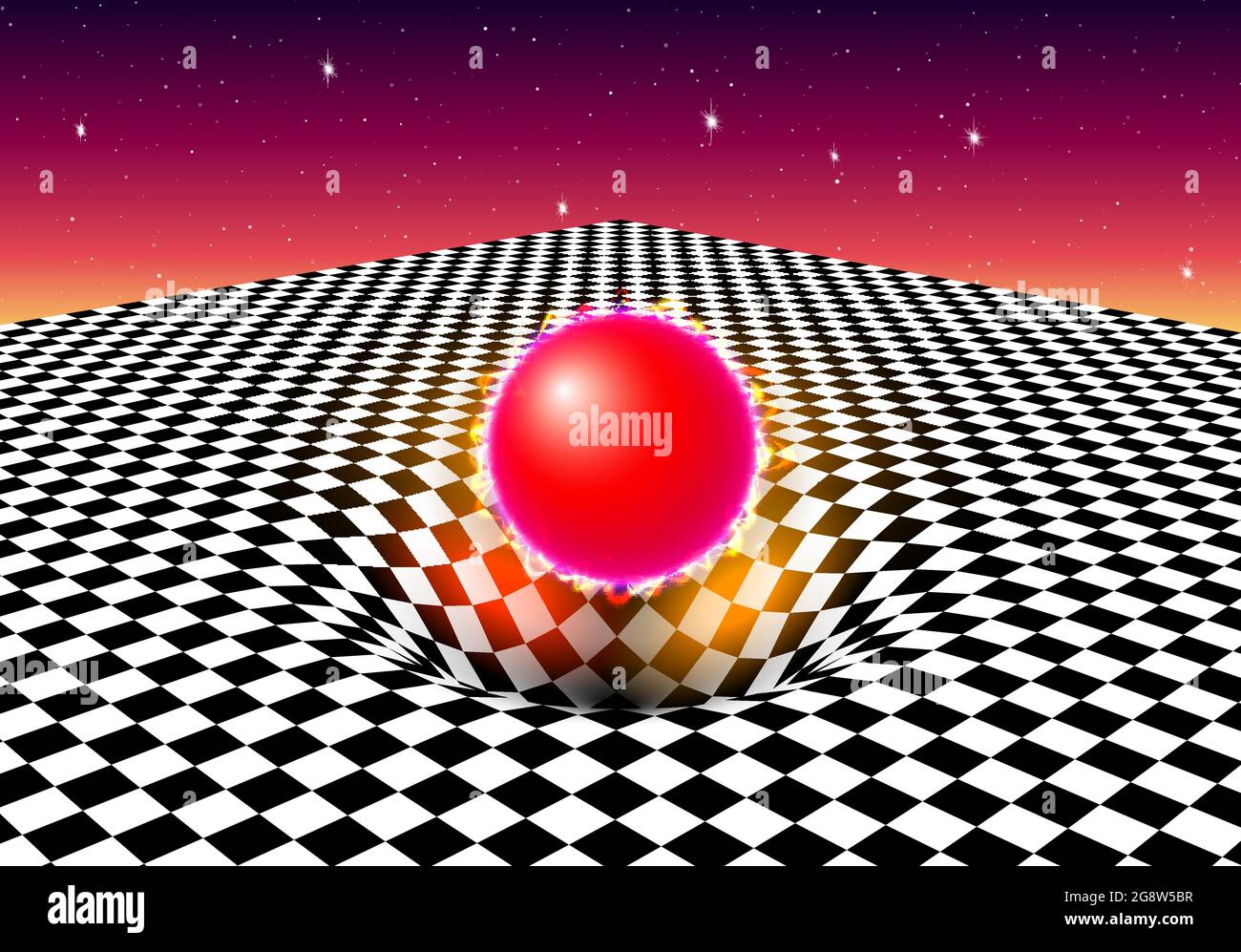 Abstract checkered board background with red ball and gravity effect on the  pit or hole on the floor. Vaporwave or synthwave 80s styled illustration  Stock Vector Image & Art - Alamy