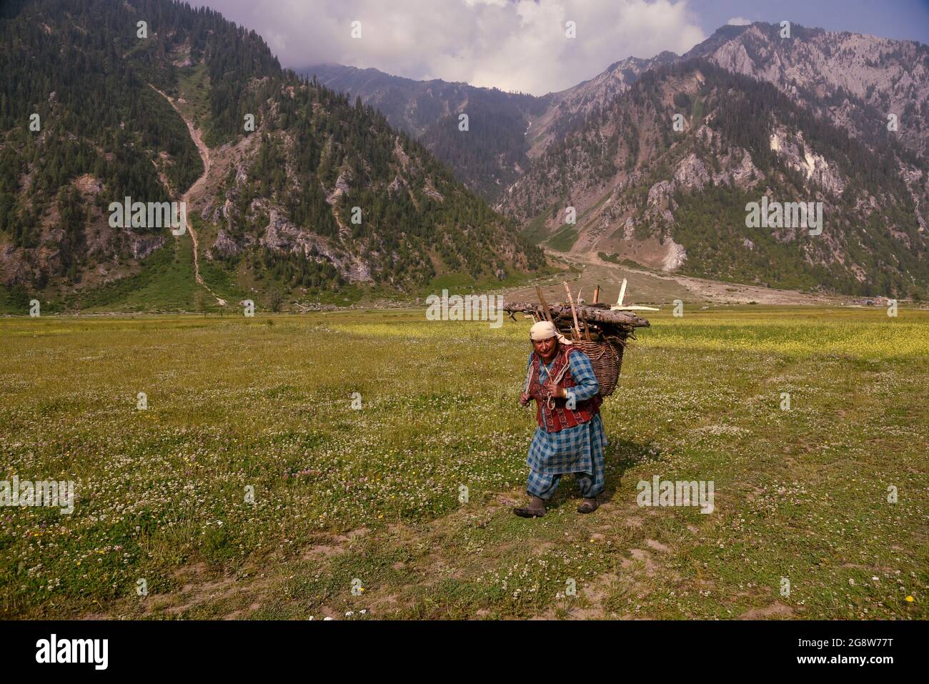 Bandipora India 23rd July 2021 A Dard Woman Carrying Basket Full Of Fire Wood Walks In An Open Field In Dawar Gurez Gurez Lies Along The Loc Line Of Control In Northern Part