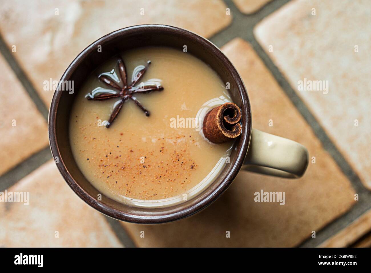 indian tradition milk drink, masala chai tea with spices. Cinnamon and anis Stock Photo