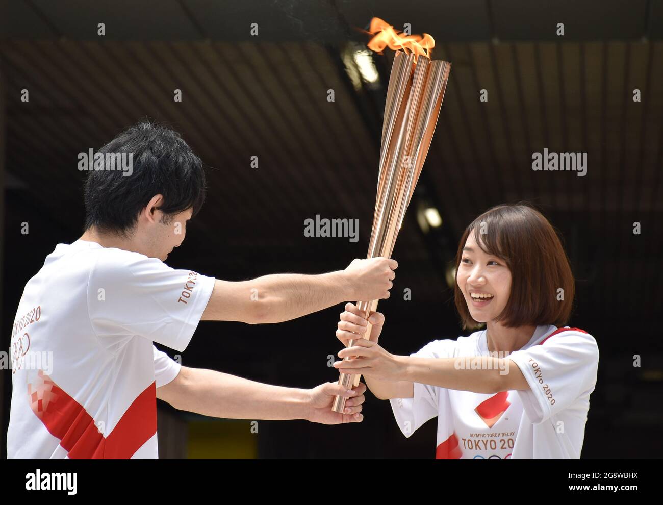 Tokyo Japan July 23 21 Japanese Athletes Attend A Ceremony To Finish The Olympic Torch Relay Lit In Fukushima Prefecture On March 25 The Olympic Flame Has Since Travelled Across All