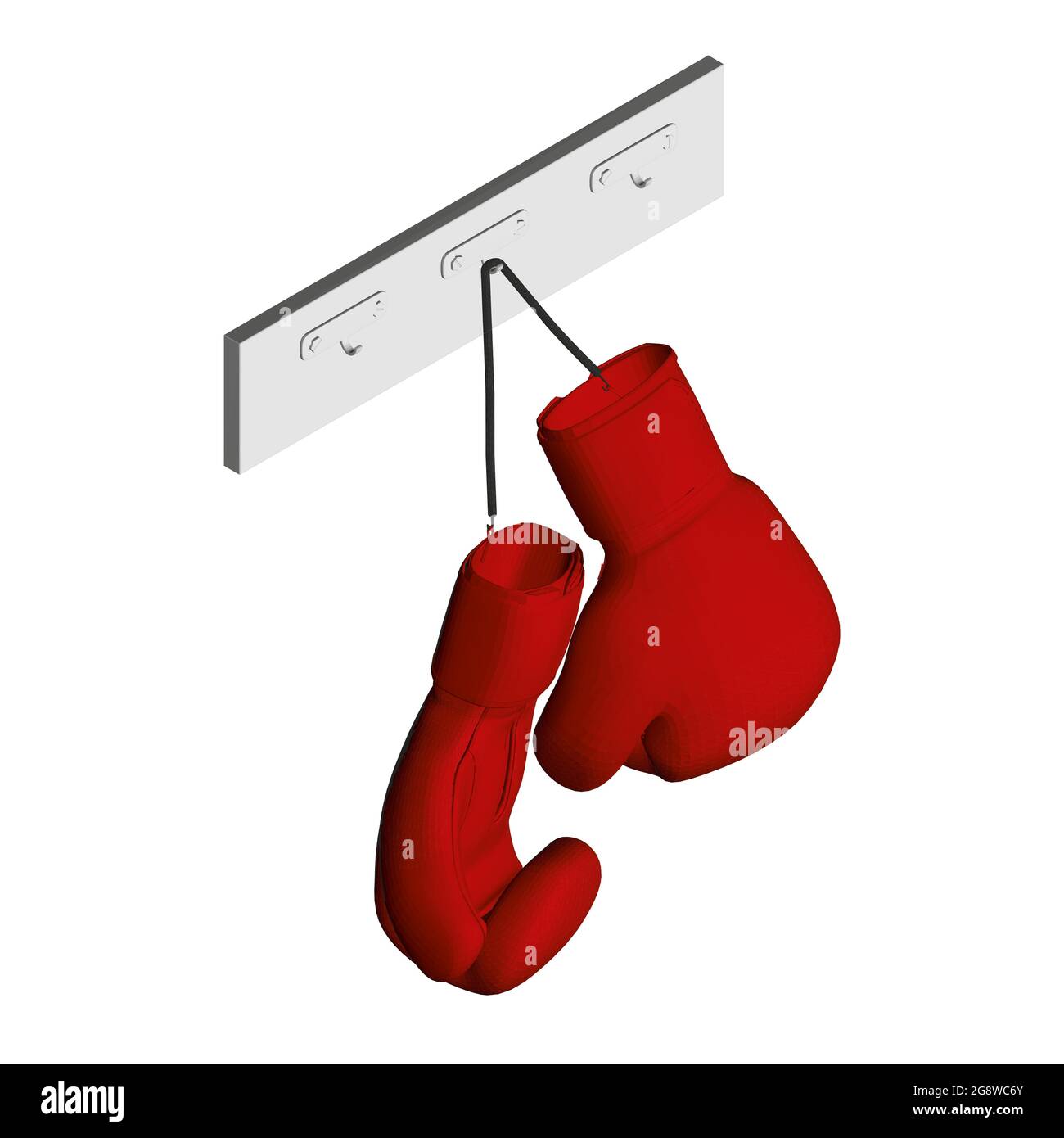 Red boxing gloves hang on a hanger isolated on a white background. 3D. Isometric view. Vector