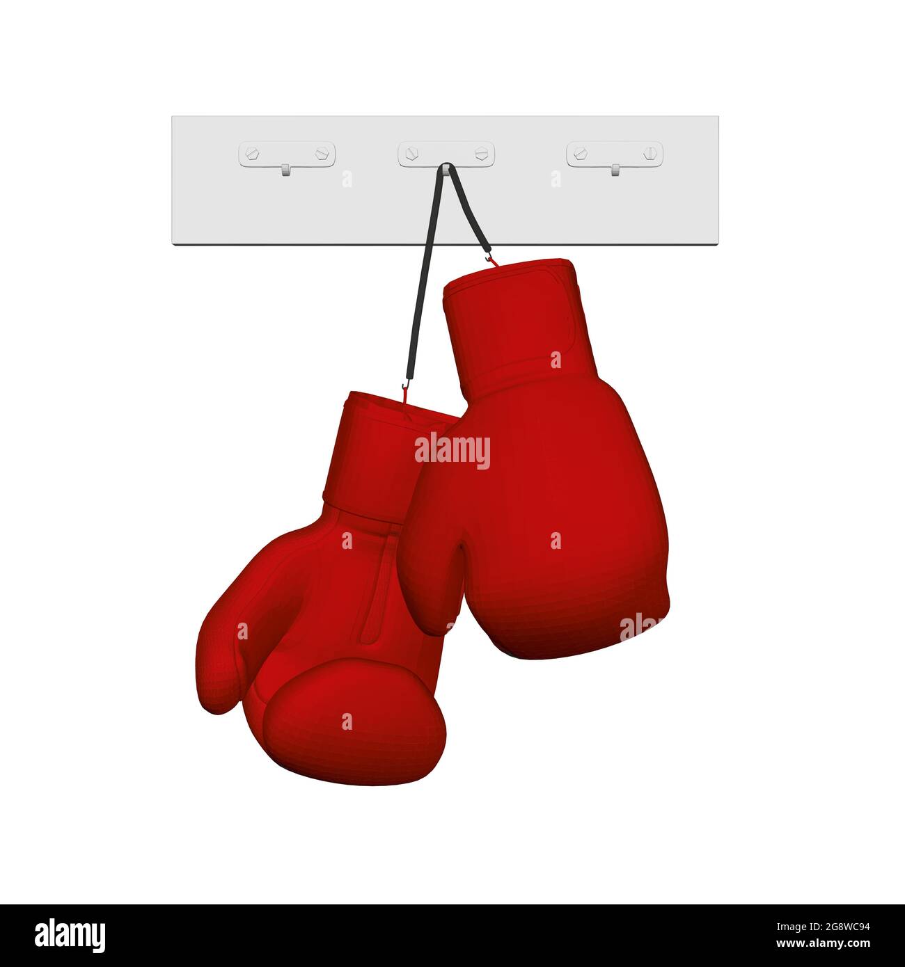 Red boxing gloves hang on a hanger isolated on a white background. 3D. Front view. Vector