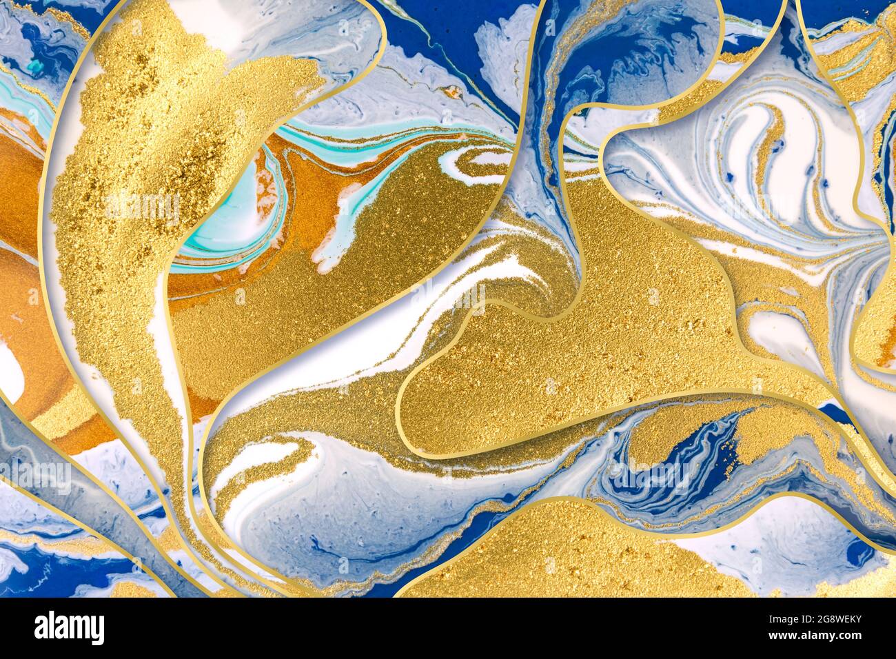 Marble blue ink and gold dust abstract background with gold gradient