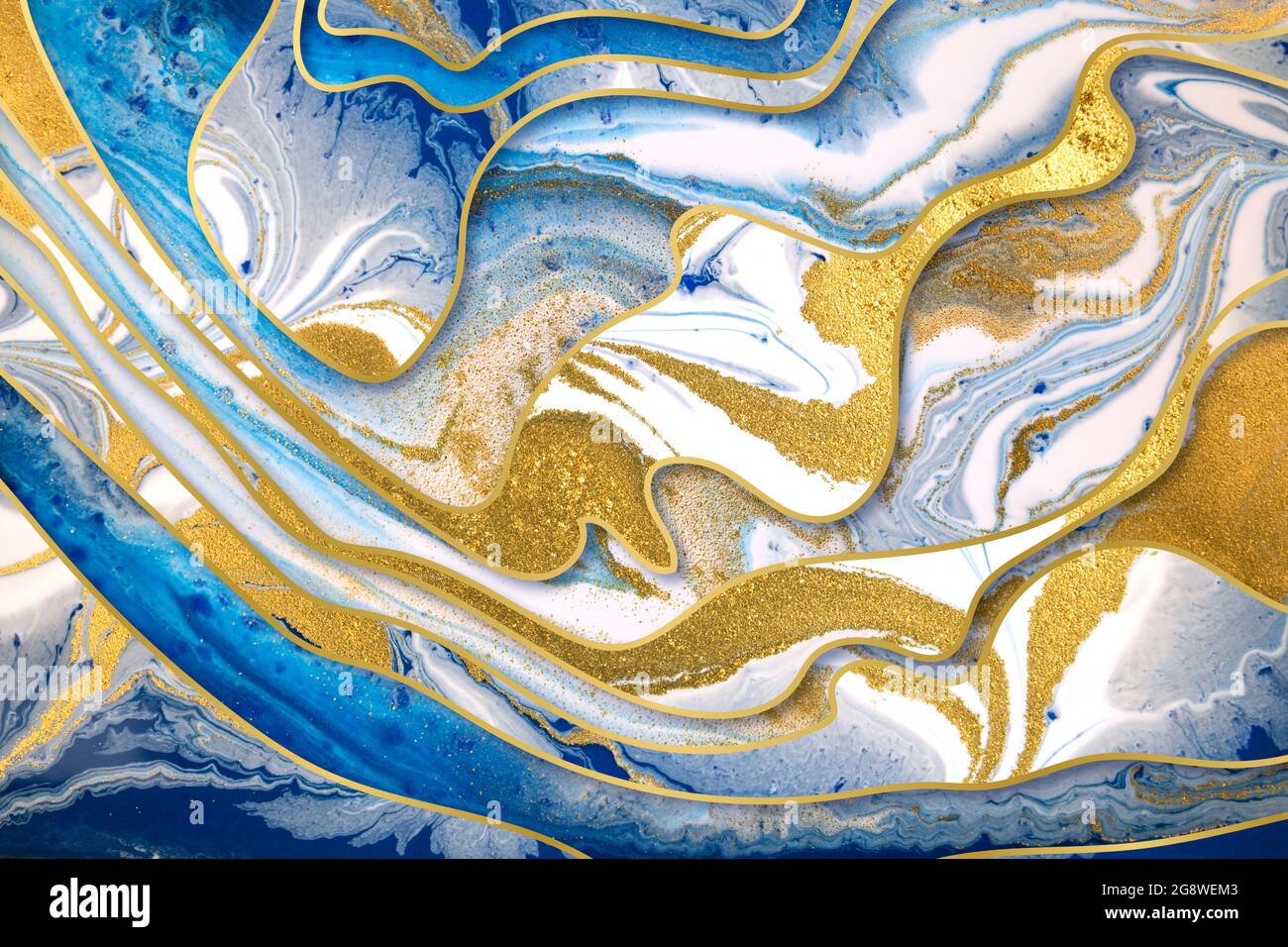 Marble blue ink and gold dust abstract background with gold gradient