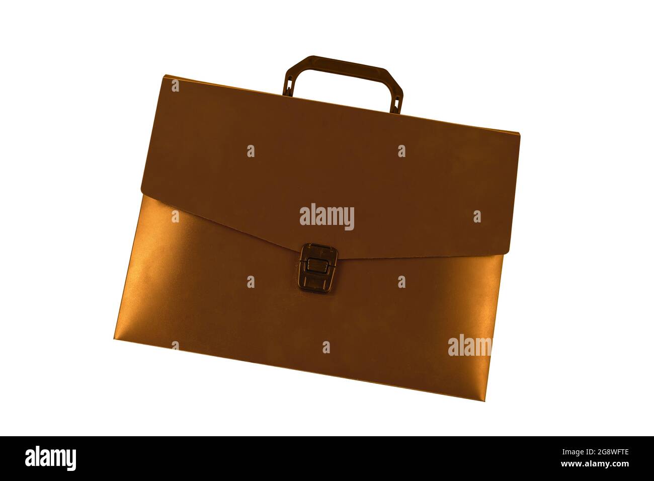 Bronze paper briefcase on a white background. Closed plastic briefcase. Stationery, office accessories. Cut out. Isolated. Stock Photo