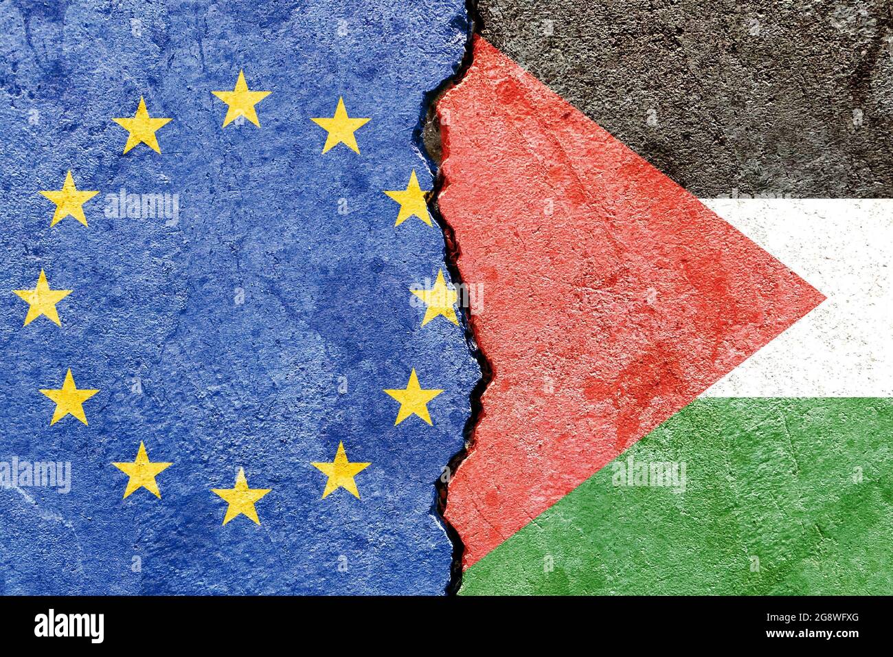 Flags of Palestine and European Union painted on the cracked wall Stock Photo