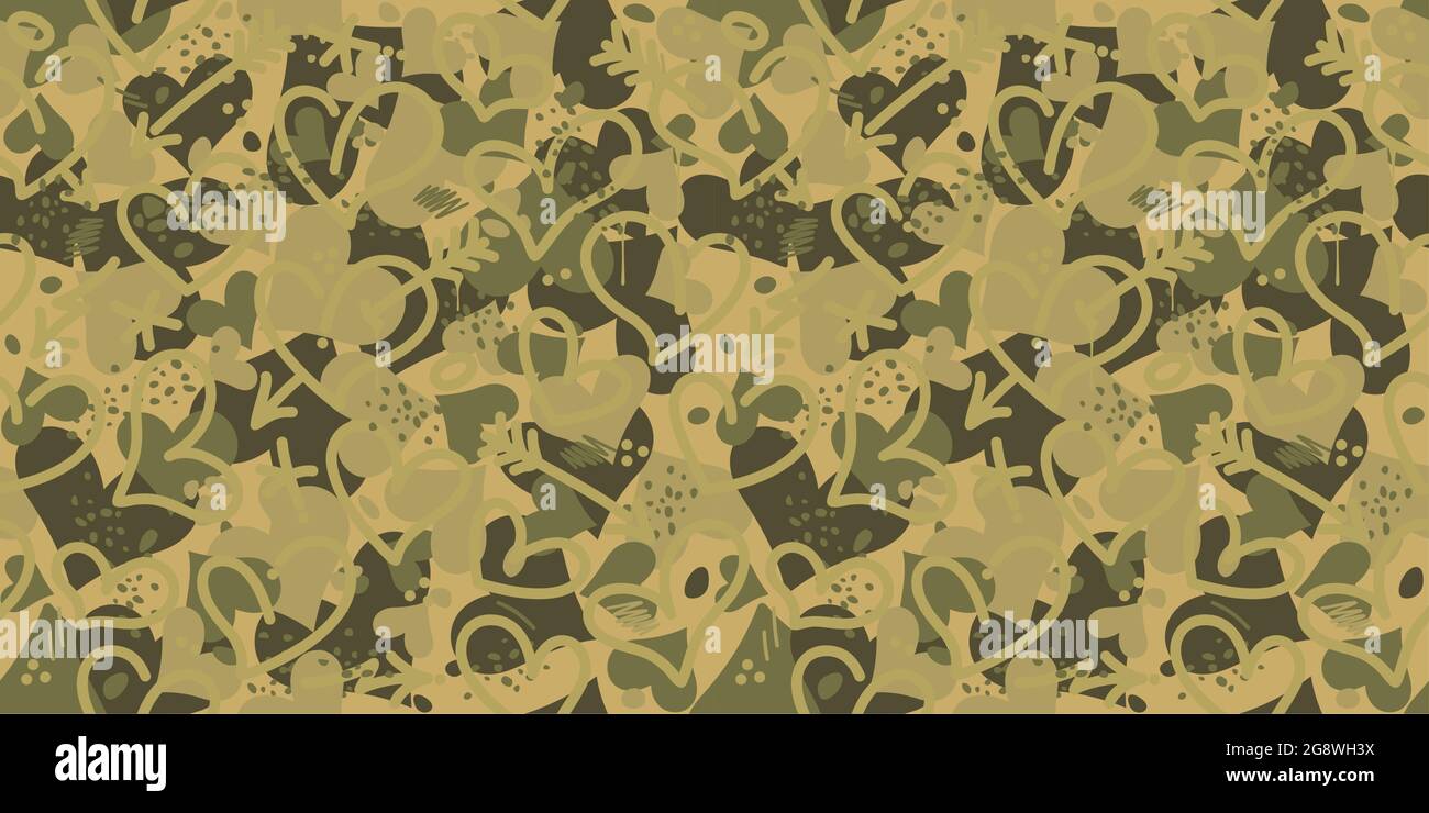Desert Olive Khaki Texture Camouflage With Hearts Seamless Pattern Background Vector Illustration Art Stock Vector