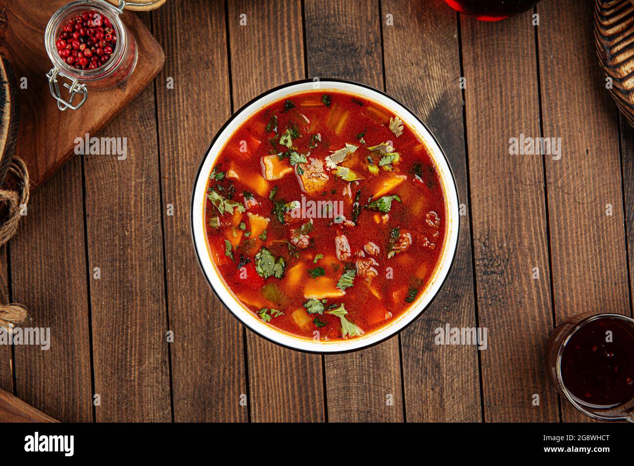 Uzbek nan zharkop stewed soup with meat and dough Stock Photo