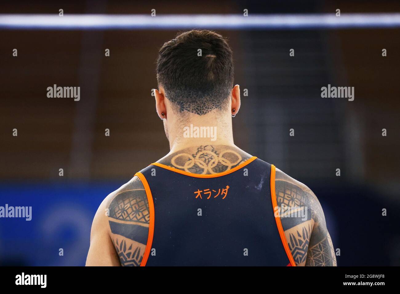A Photo Taken On July 21 21 Shows A Gymnast With Tattoo Including Olympic Rings On His Back During Official Practice For Tokyo Olympic Men S Artistic Gymnastics At Ariake Gymnastics Centre Kyodo Kyodo
