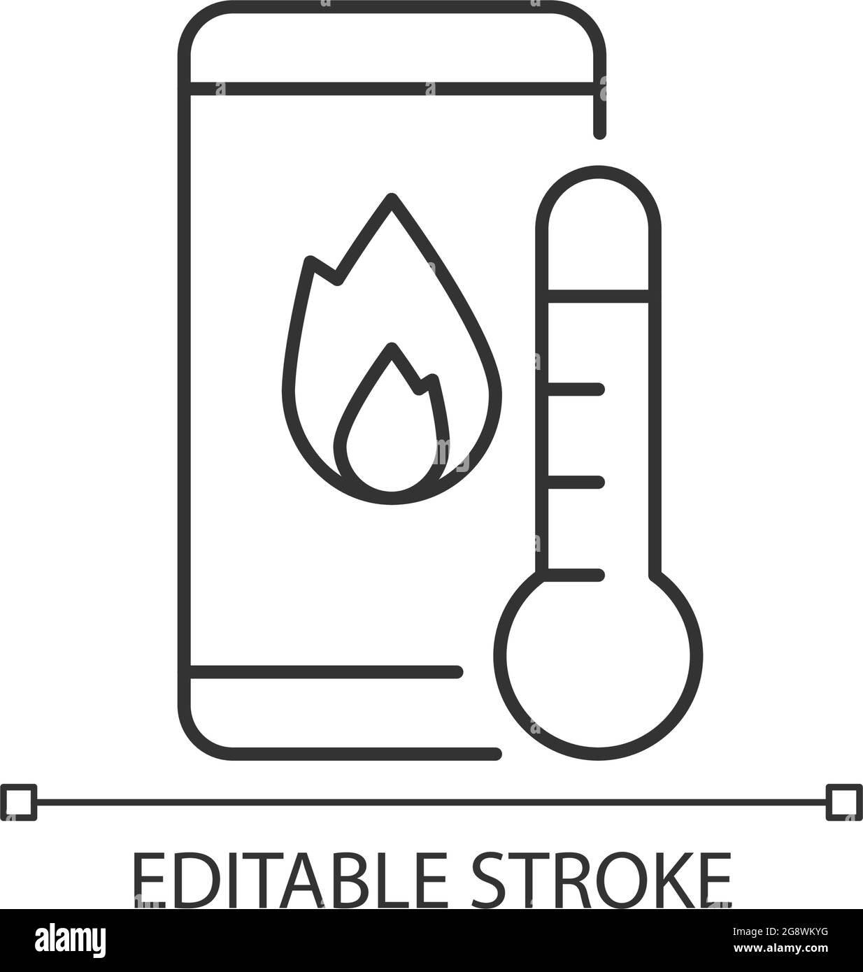 Phone overheating linear icon. Overheated phone. Mobile phone with fire on screen and thermometer. Thin line customizable illustration. Contour symbol Stock Vector