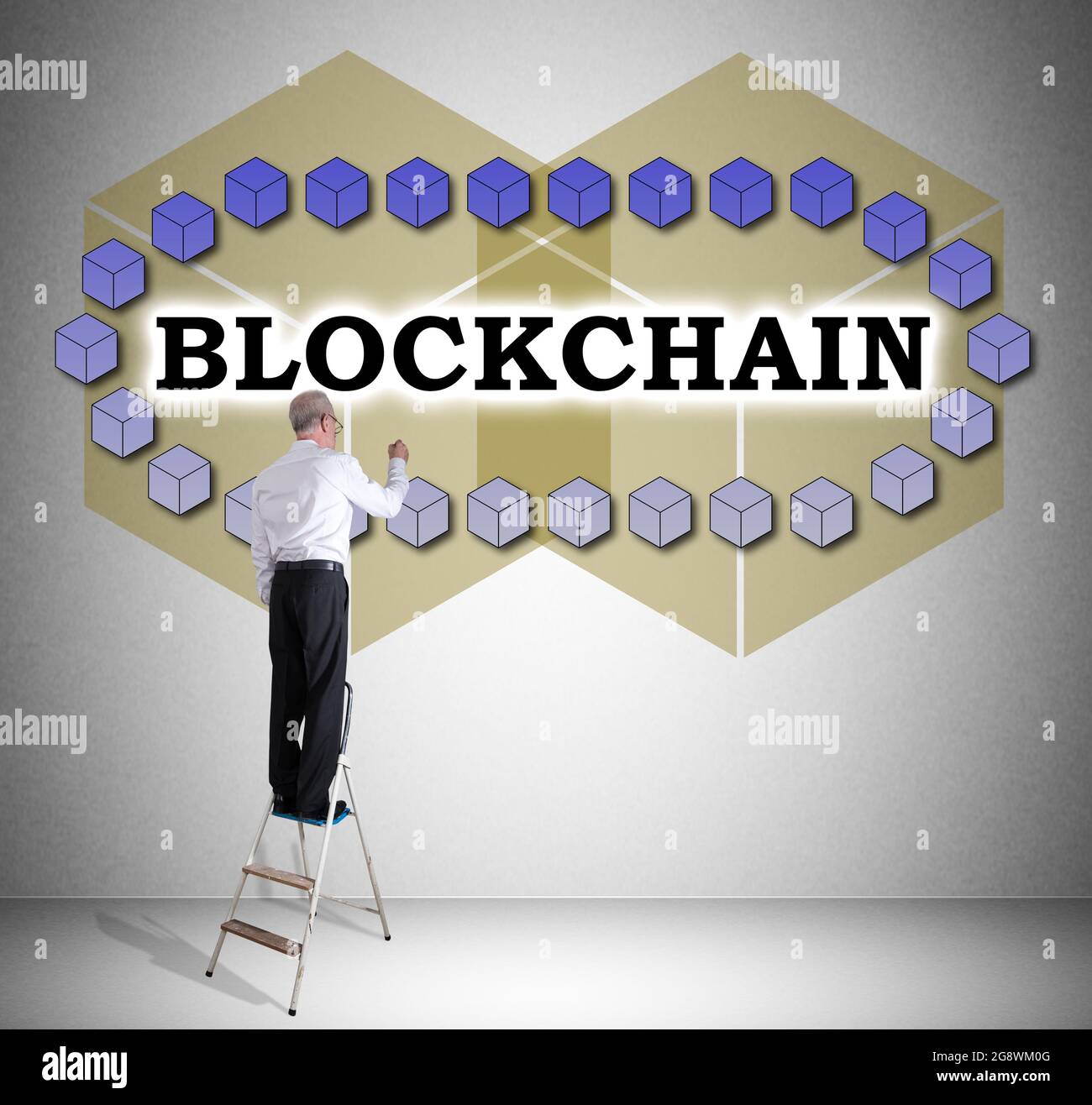 Man on a ladder drawing blockchain technology concept on a wall Stock Photo  - Alamy