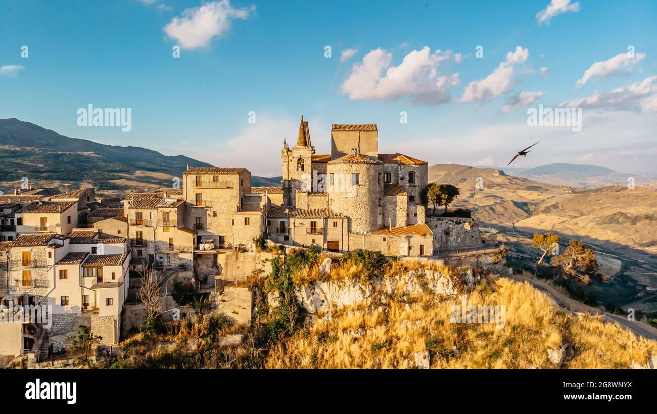 Aerial view of medieval stone village,the highest village in Madonie ...