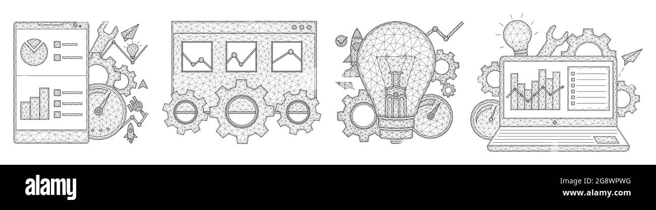 SEO, search engine optimization low poly design. Smartphone, laptop, browser tab, light bulb, gears, speedometer, statistical data polygonal vector il Stock Vector