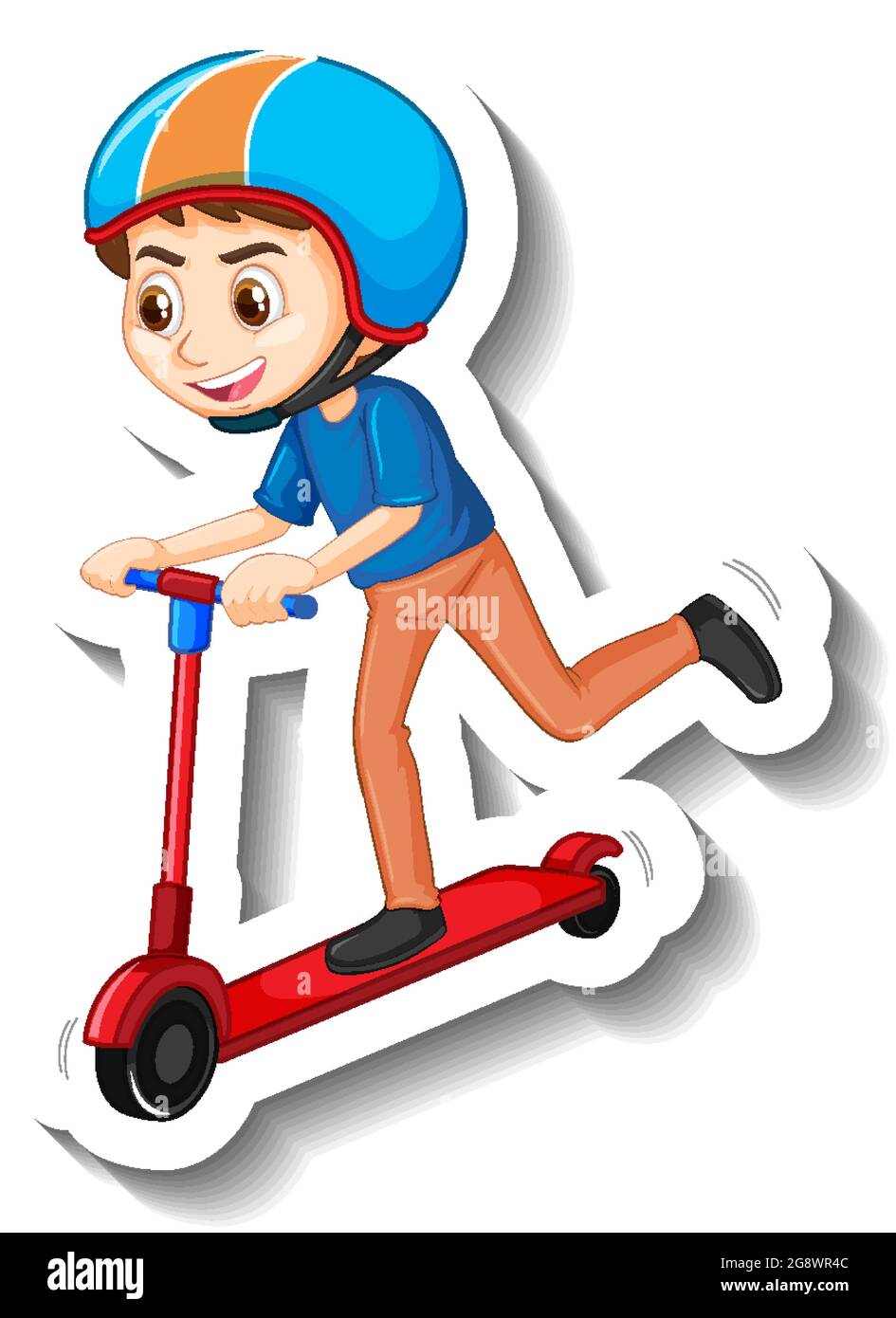 A boy riding scooter cartoon character sticker illustration Stock Vector