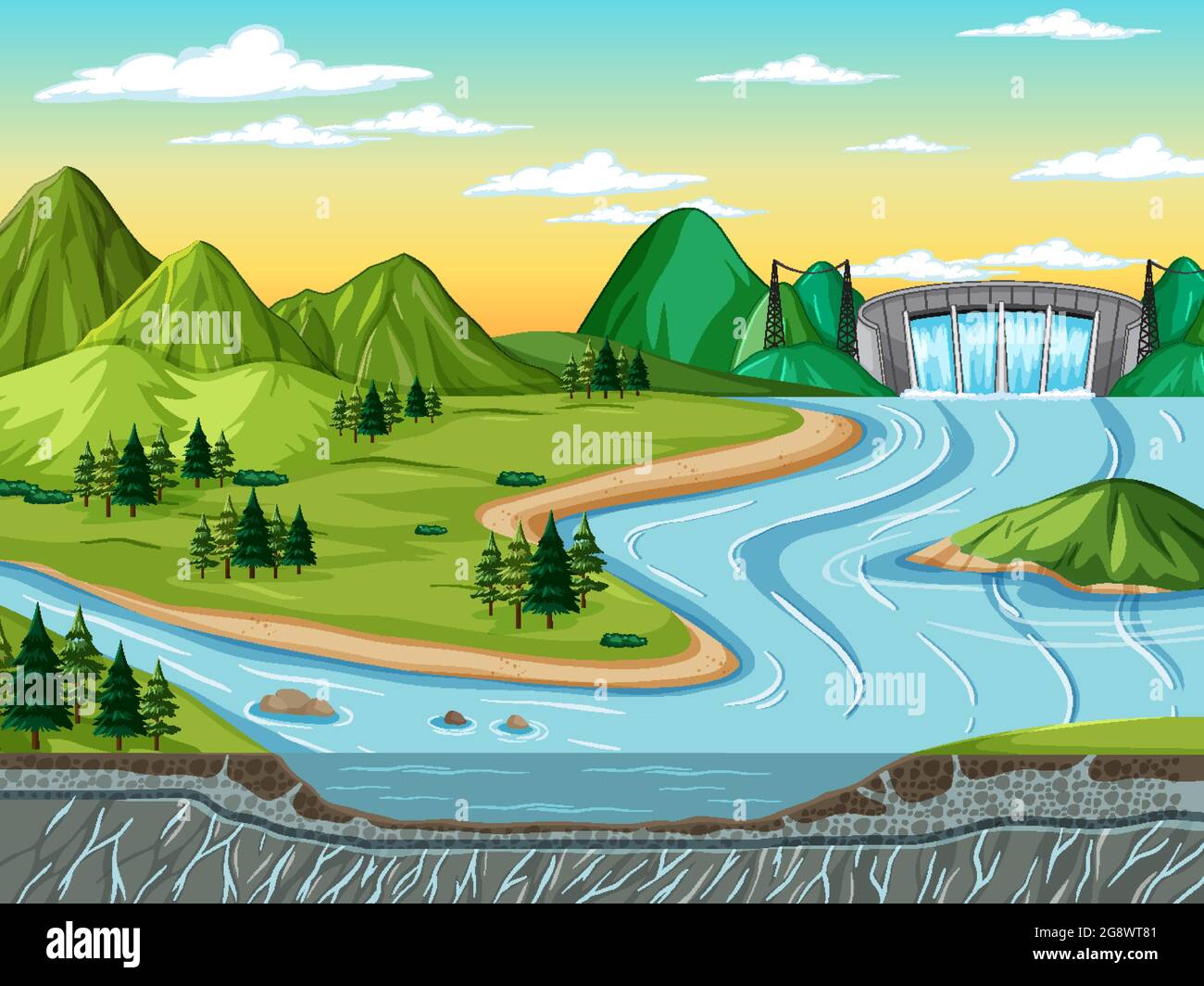 Nature scene landscape with dam and soil layers illustration Stock