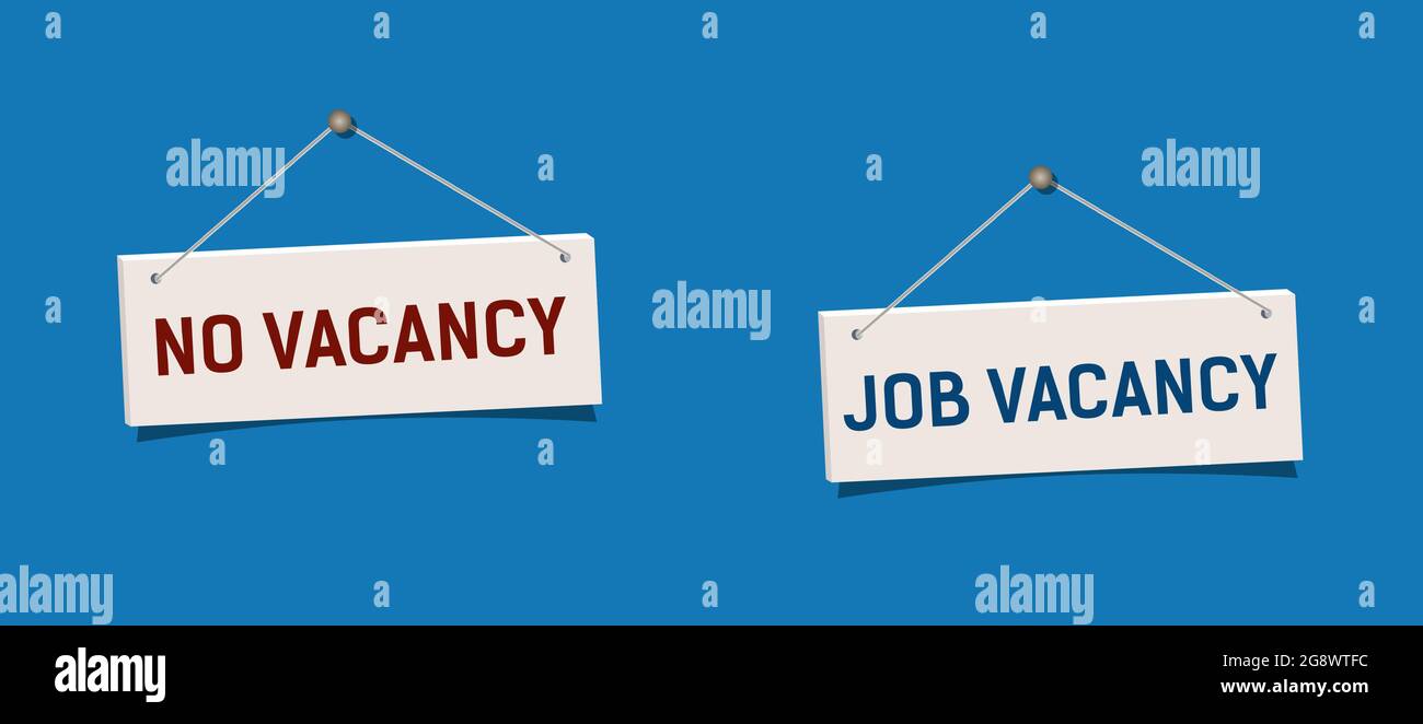 Vacancy sign hanging on blue wall. Realistic sign No Vacancy hang on nail. Stock Vector