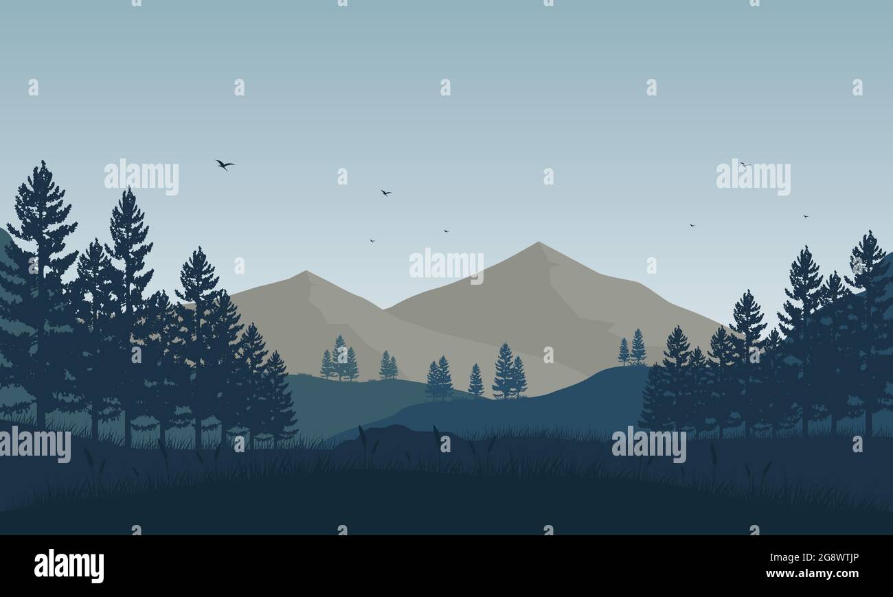 Mountain view with magnificent pine tree silhouette in the morning from ...