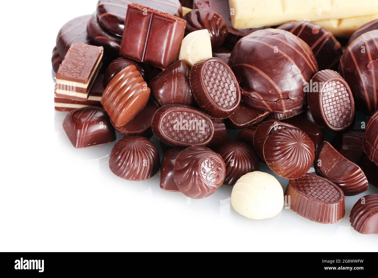 Many different chocolate candy isolated on white Stock Photo