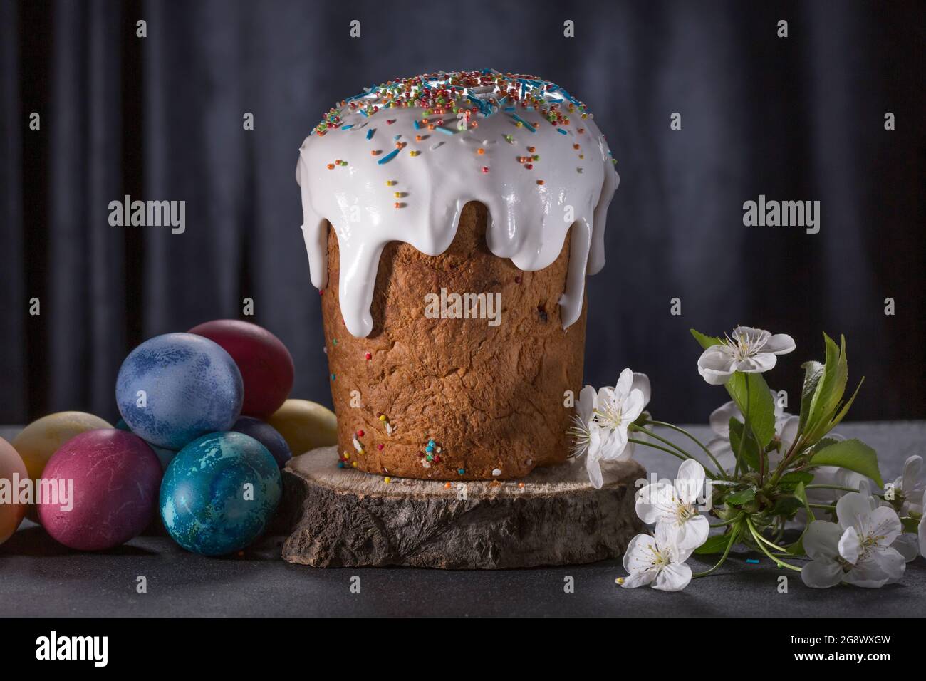 Christian Easter and Easter eggs close up on dark background with copy space Stock Photo