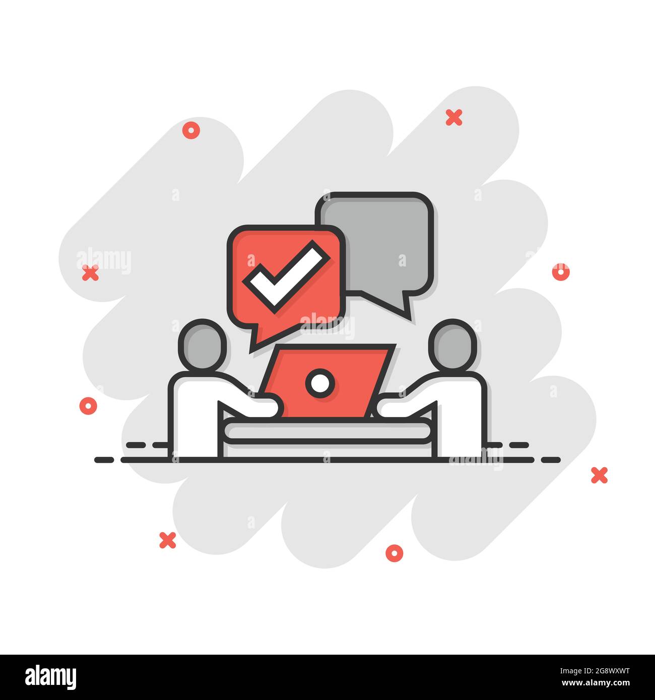 People with laptop computer icon in comic style. Pc user check mark ...