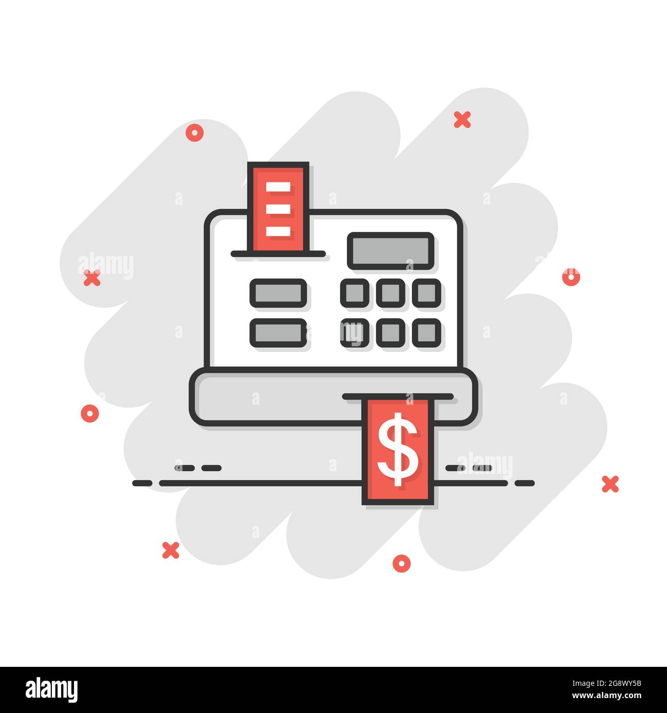 Cash register icon in comic style. Check machine cartoon vector