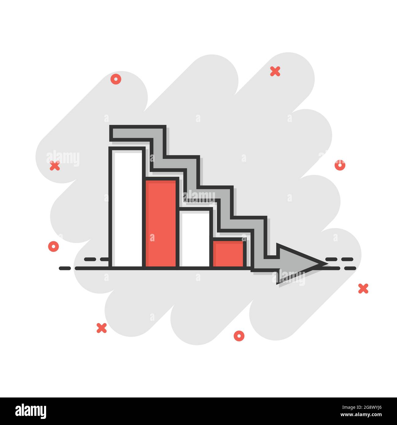 Market trend icon in comic style. Decline arrow with magnifier cartoon ...