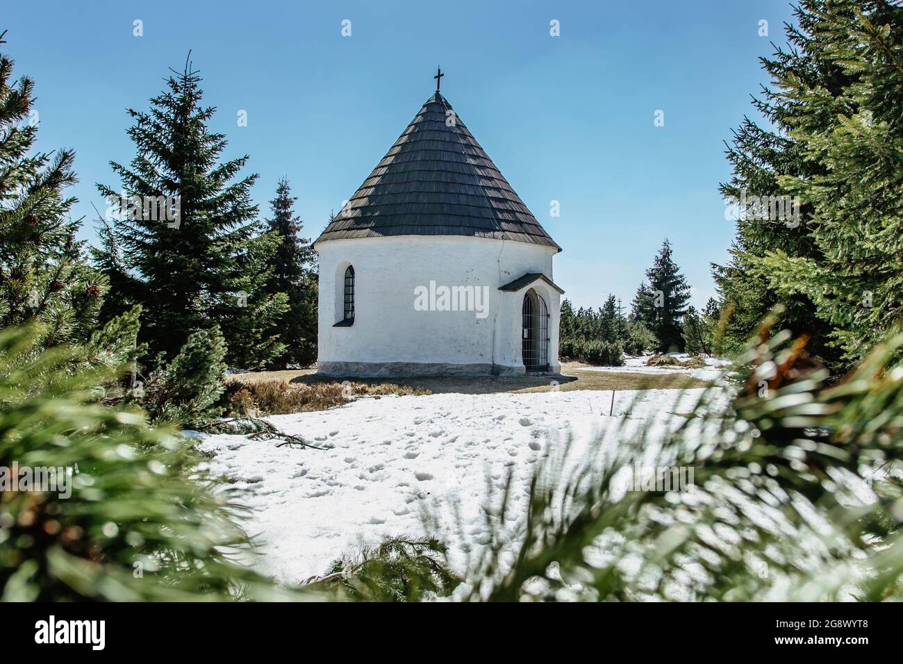 Baroque Chapel of the Visitation of the Virgin Mary,Kunstat Chapel, located in Eagle Mountains at altitude of 1035 m, Czech Republic.Circular floor Stock Photo