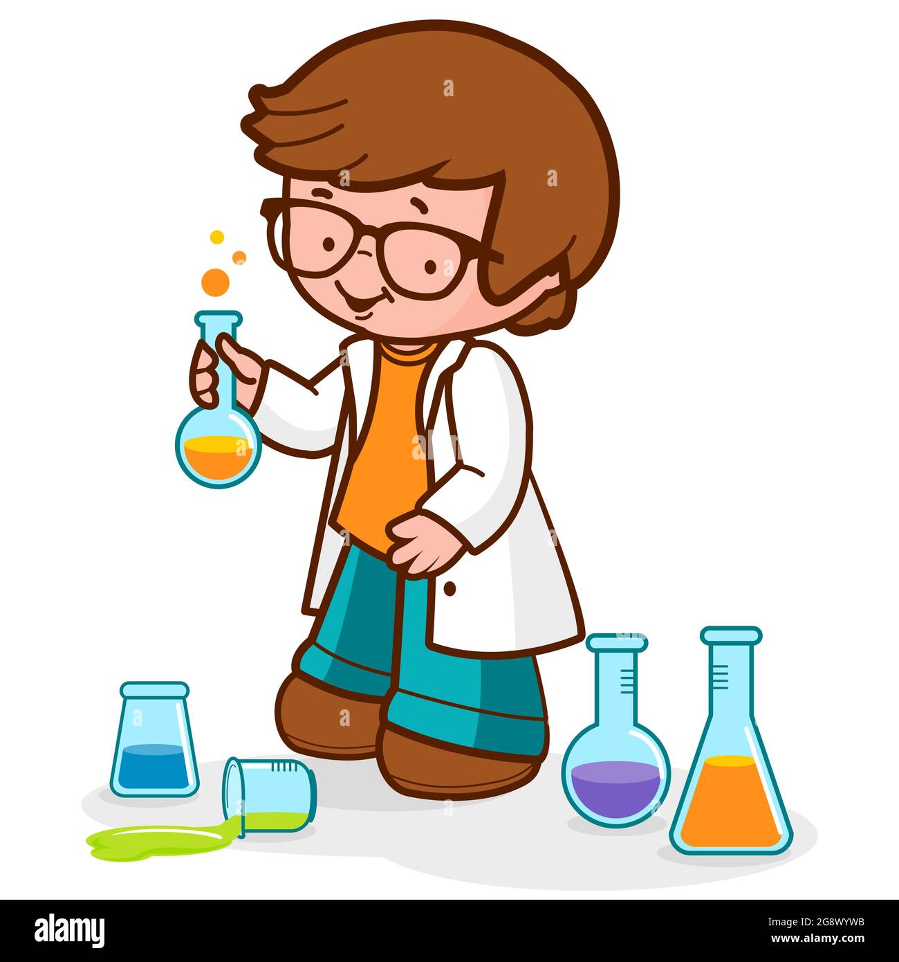 Boy using chemistry test tubes and doing science experiments Stock
