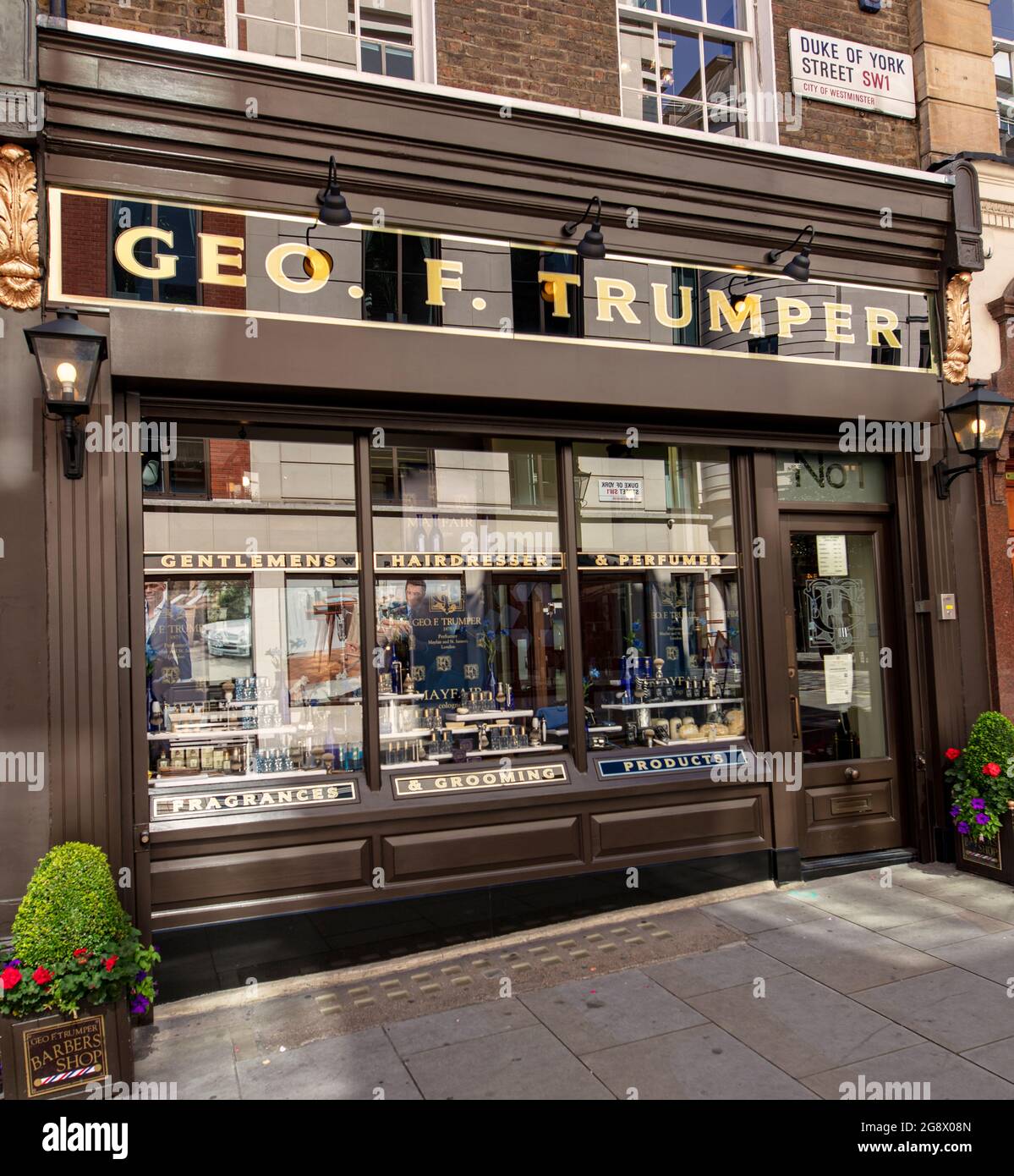 Geo. F. Trumper (Trumper's), barber, hairdresser and perfumer, at 1 Duke of York St, St James's London, UK; established 1875 by x1 Duke of York St. Stock Photo