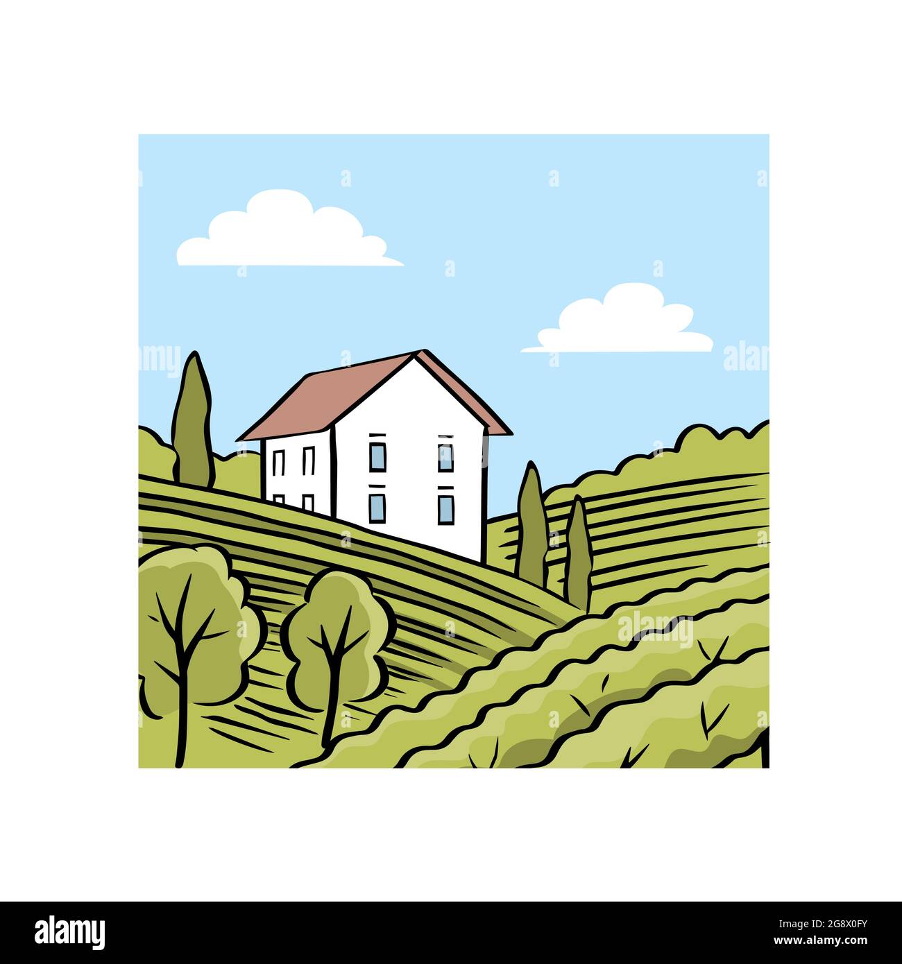 Vineyard fields and villa. Italian landscape. Wine label. Vector illustration outline Stock Vector
