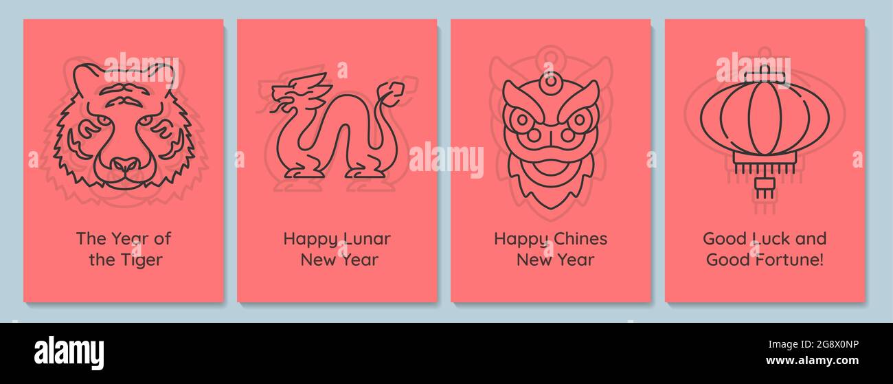 Chinese new year celebration postcards with linear glyph icon set Stock ...