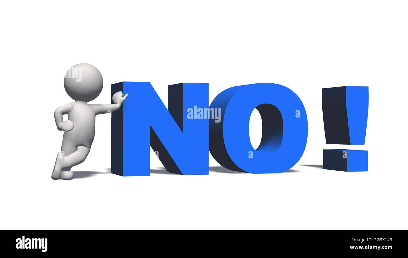 NO! - blue lettering and 3D people with shadow on the floor -  isolated on white background - 3D illustration Stock Photo