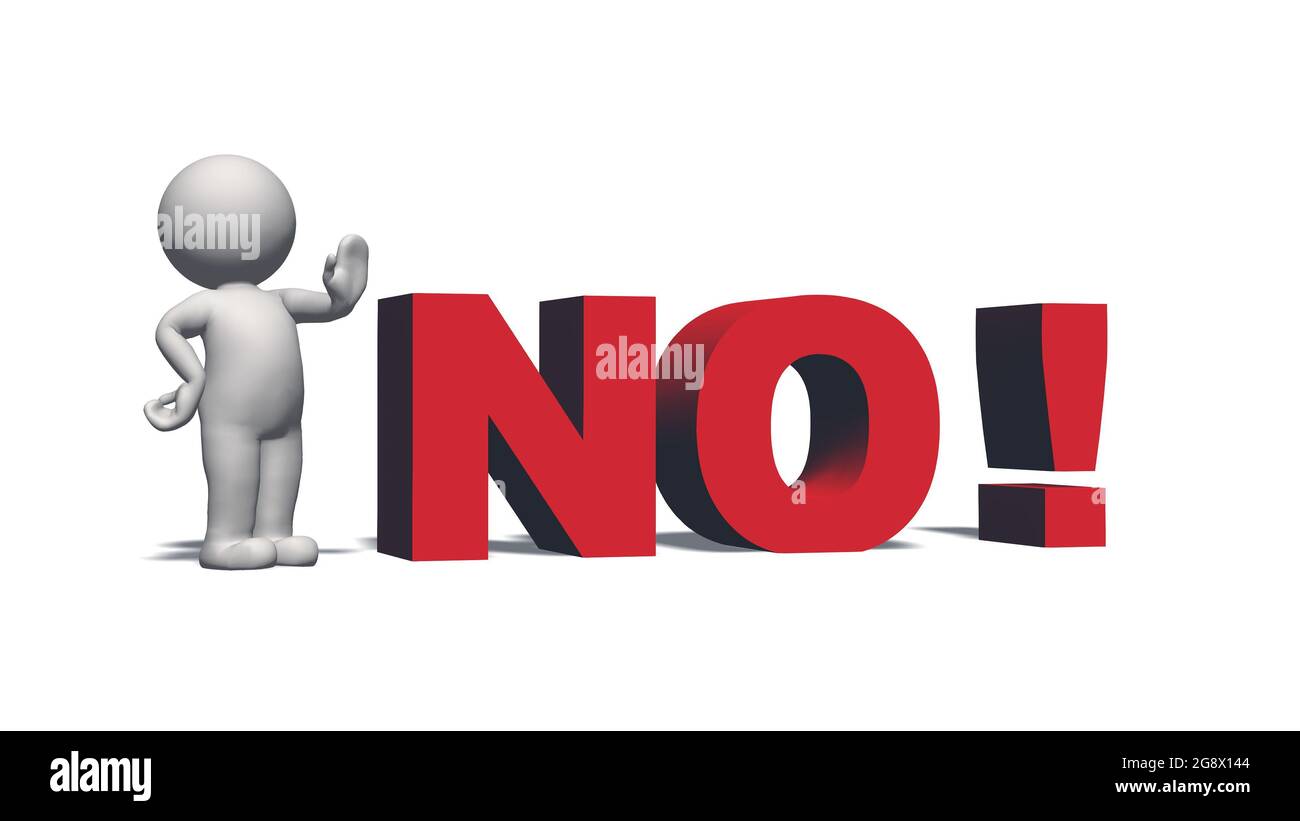 NO! - red lettering and 3D people with shadow on the floor -  isolated on white background - 3D illustration Stock Photo