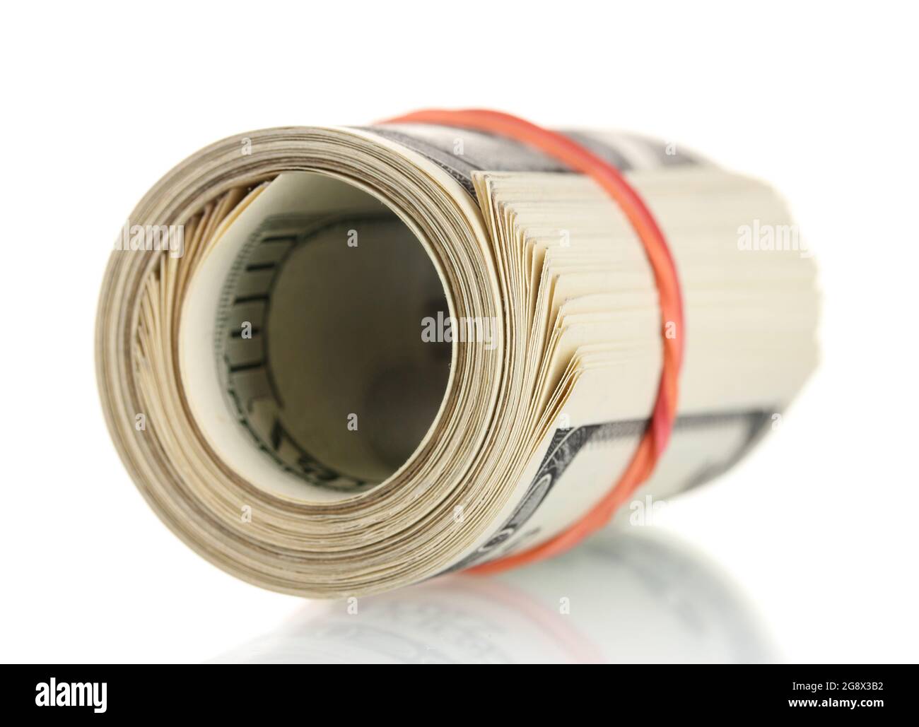 A lot of one hundred dollar bills tied rubber band isolated on white