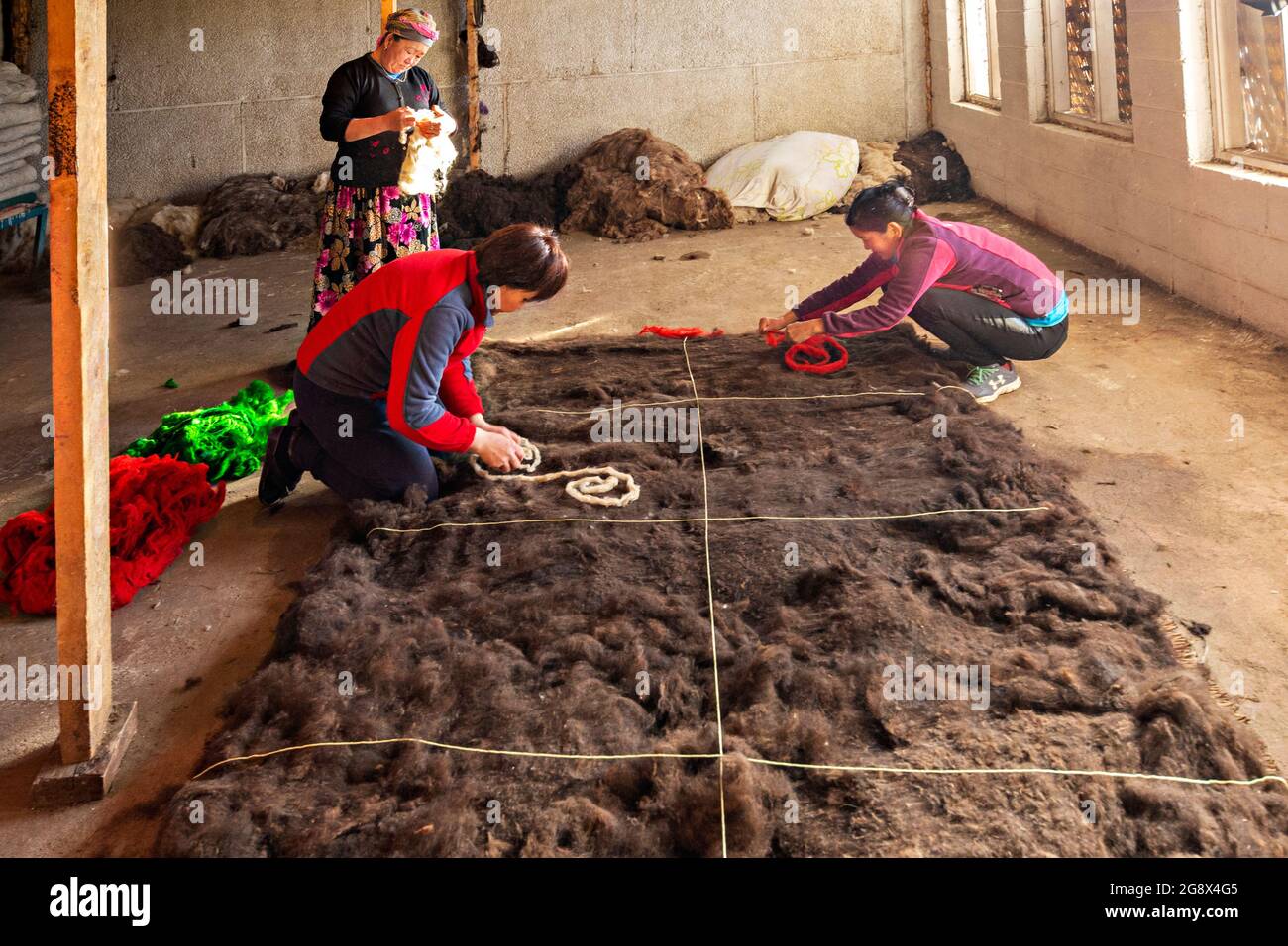 Kyrgyz women making felt carpet in traditional way, in Issyk Kul, Kyrgyzstan. Stock Photo