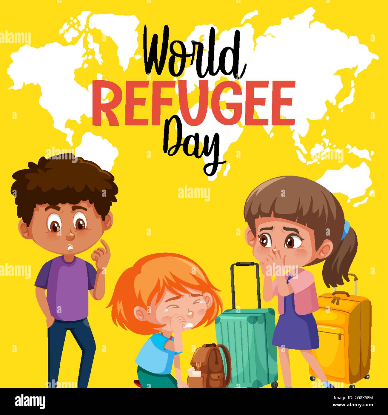 World Refugee Day banner with refugee people on world map background ...