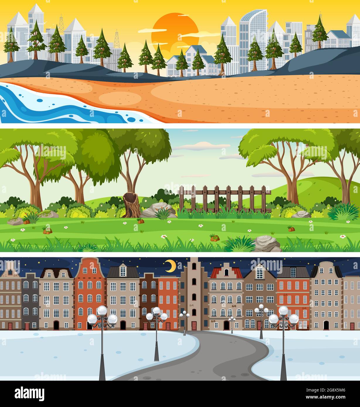 Set of three different nature horizontal scenes illustration Stock Vector