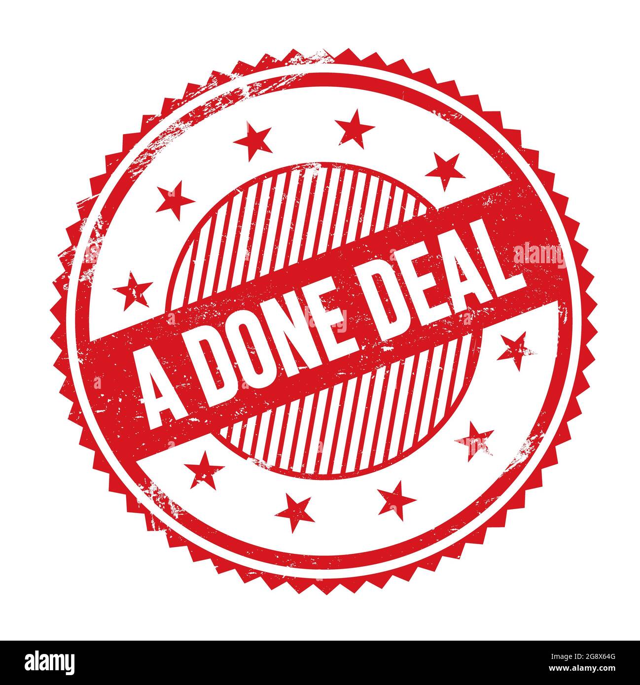 A DONE DEAL text written on red grungy zig zag borders round stamp. Stock Photo