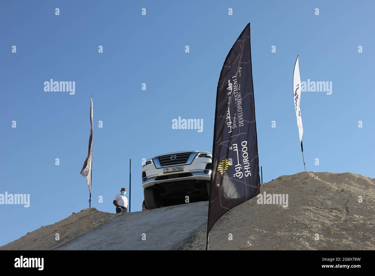 A 4x4 (4-wheel-drive) vehicle at 'XQuarry' Off-Road and Adventure Park located in Mleiha desert in Sharjah emirate, United Arab Emirates. Stock Photo
