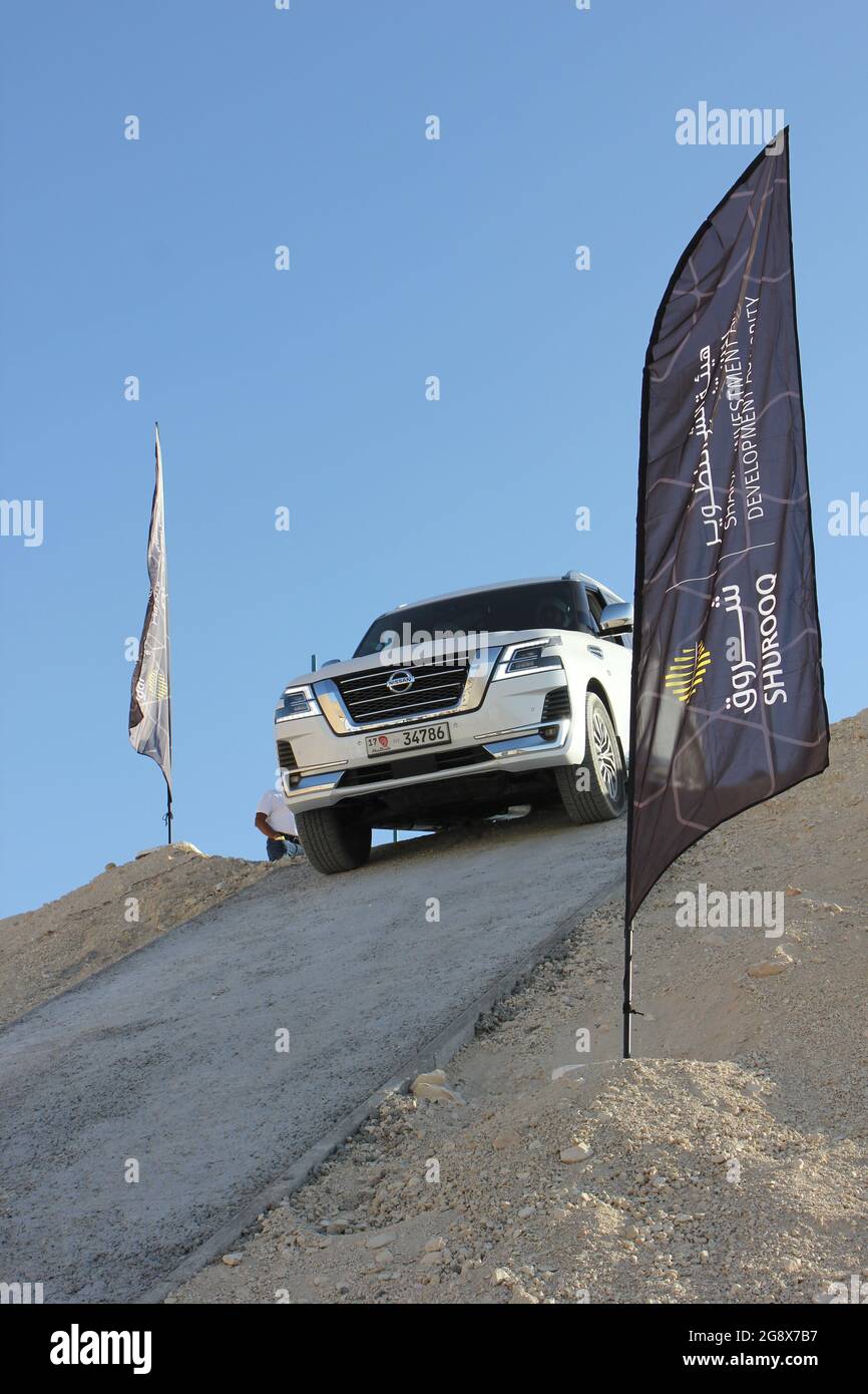A 4x4 (4-wheel-drive) vehicle at 'XQuarry' Off-Road and Adventure Park located in Mleiha desert in Sharjah emirate, United Arab Emirates. Stock Photo