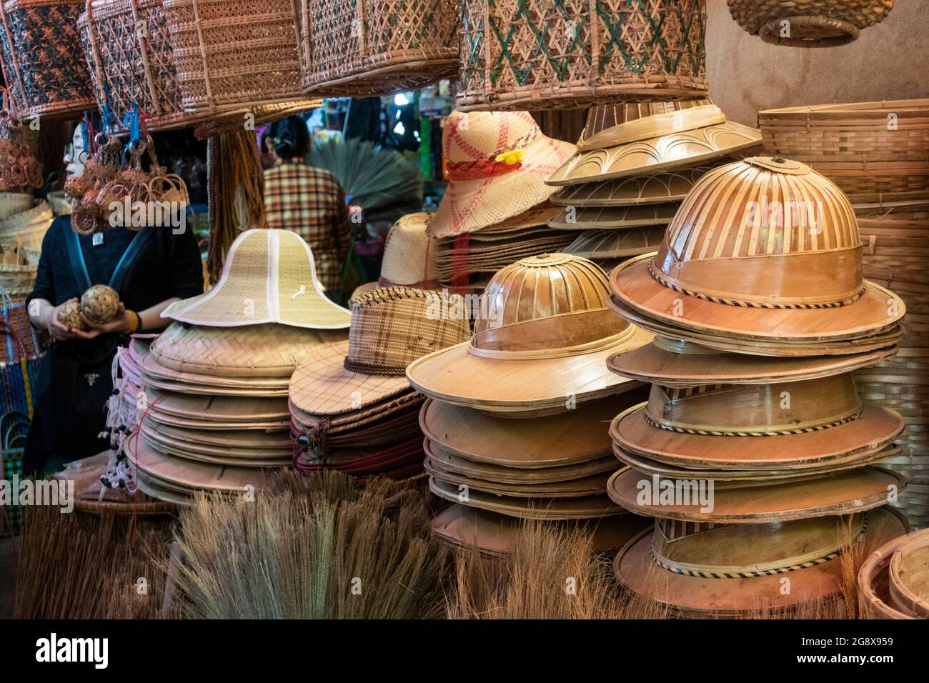 Hat and bag stall in outdoor market in Yangon, Myanmar Stock Photo Alamy