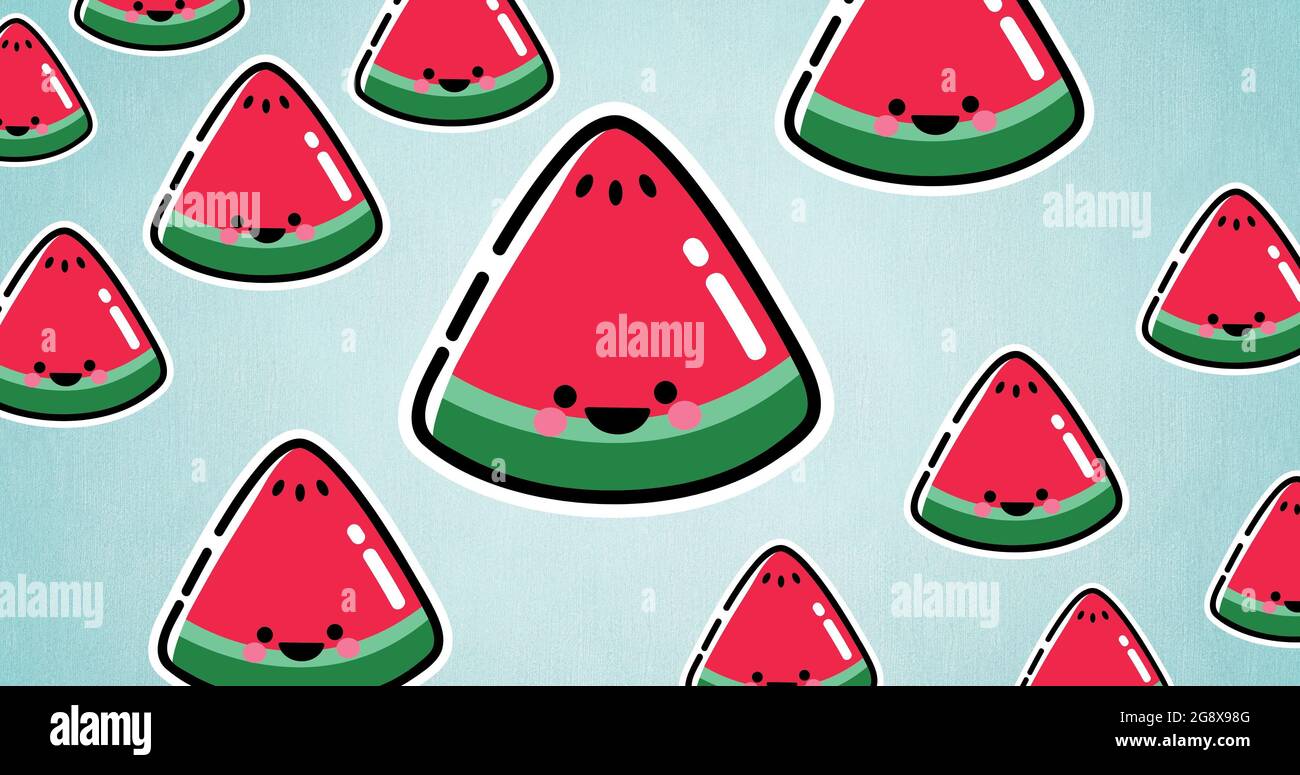 Composition of rows of watermelon slices on blue background Stock Photo ...
