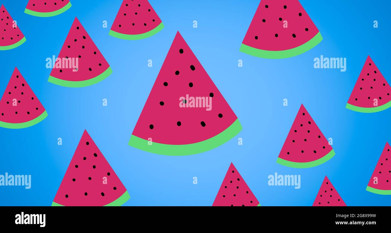 Composition of rows of watermelon slices on blue background Stock Photo ...