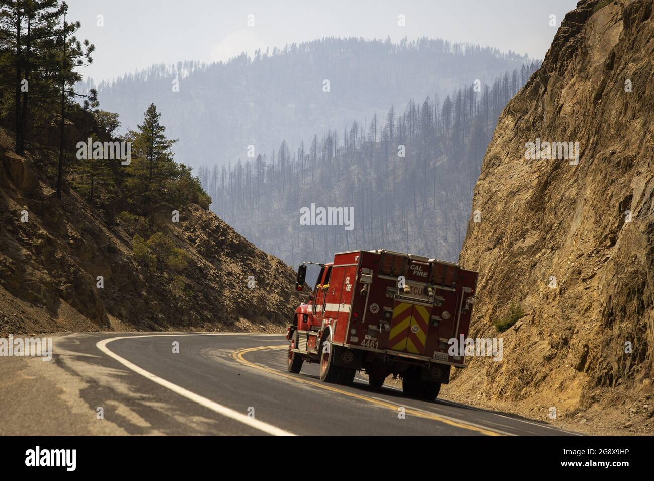 Plumas National Forest, United States. 23rd July, 2021. A CAL Fire engine navigates along Hwy 70