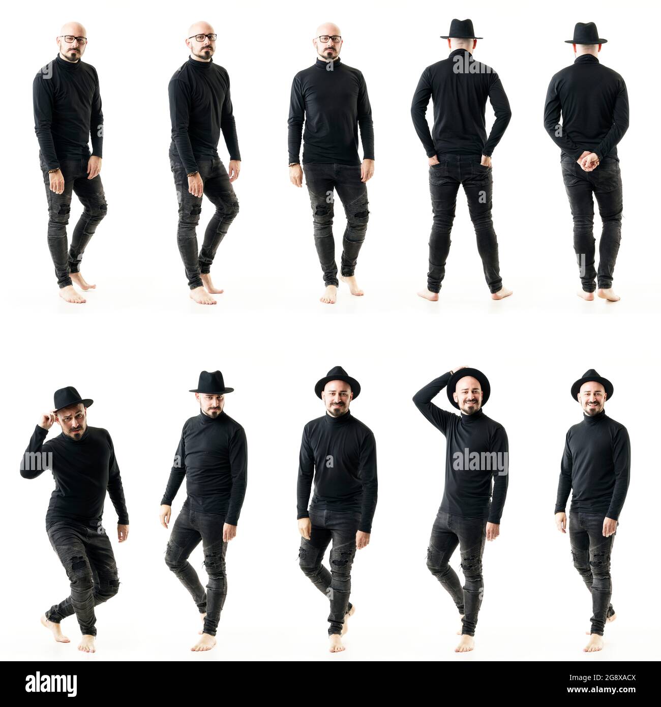 Group of various stylish eccentric edgy artist males people posing in black clothes. Full body people isolated on white background Stock Photo
