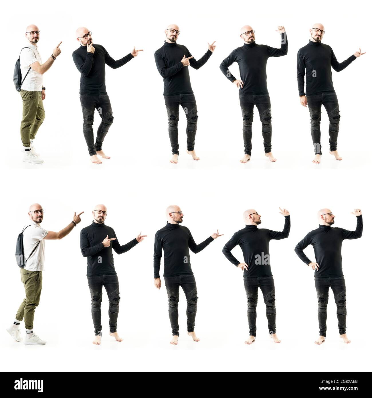 Collage of bald bearded edgy unconventional style people pointing and marketing gestures. Full body people isolated on white background Stock Photo