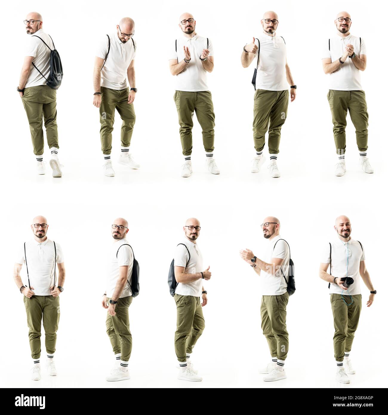 Group of happy people stylish bald geek hipster males applauding and supporting gestures. Full body people isolated on white background Stock Photo