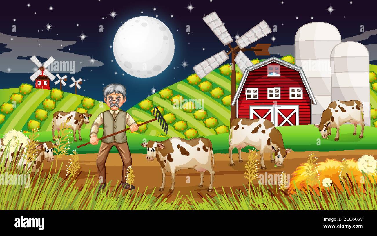 Farm at night scene with old farmer man and farm animals illustration