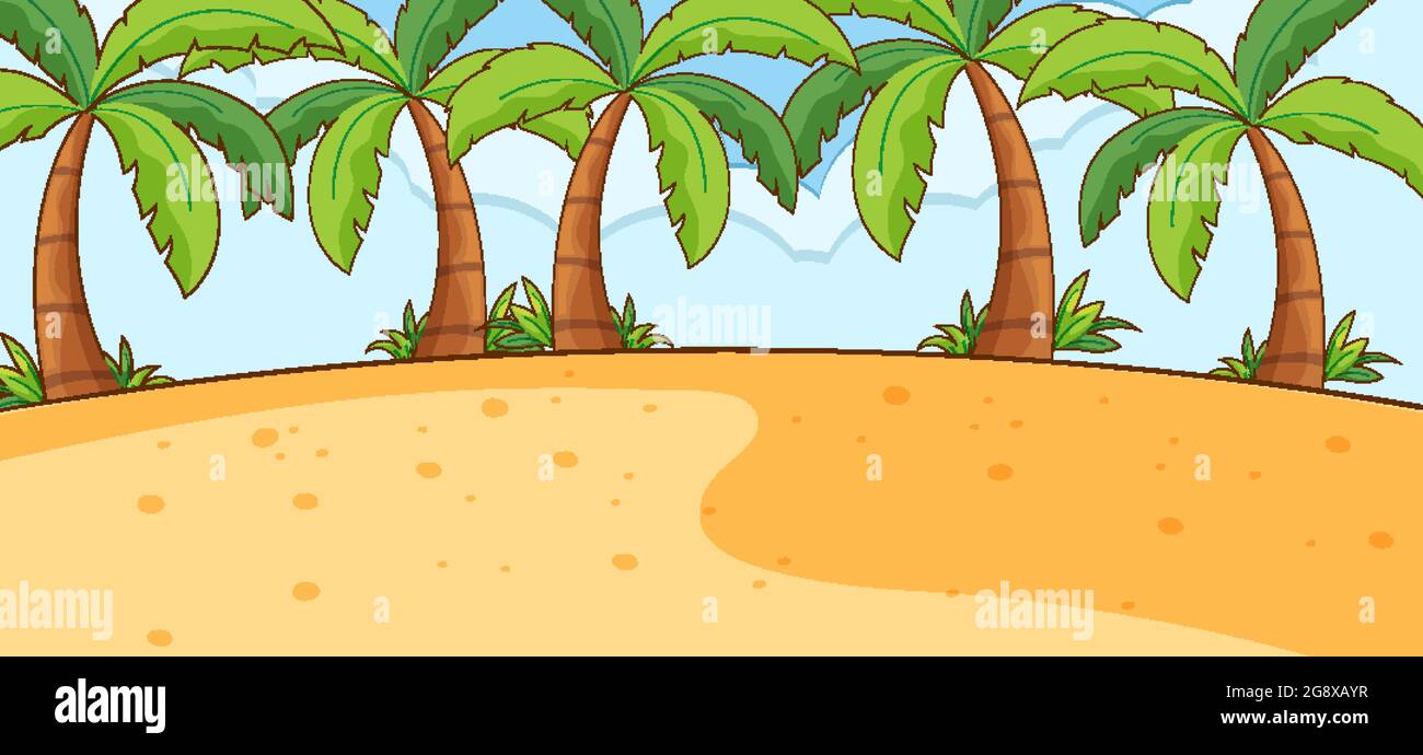 Empty beach landscape scene with many palm trees illustration Stock ...