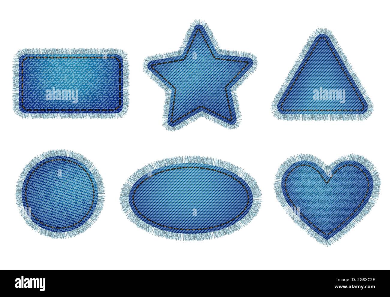 Set of blue denim patches with stitch and fringe. Light blue denim. Patches of different shapes: rectangle, circle, square, triangle, heart, oval Stock Vector